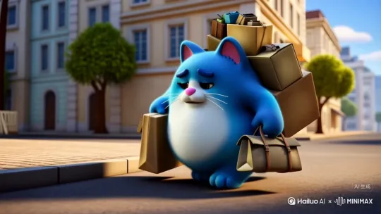 生成一个3D动画风格，画面主体是一只蓝色的胖猫，耳朵内侧为粉色，有着白色的胡须和粉色的鼻子流落街头因为找不到工作提着大包小包的走在路上自言自语 by Hailuo AI Video Generator