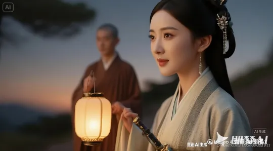 人物真实摄影、高清影视画面质感、8k分辨率，先是近景仰拍，3D渲染。两人走下山路，和尚提着灯笼走在前面，镜头快速右摇，男女主角换了方向背对镜头下了山坡 by Hailuo AI Video Generator
