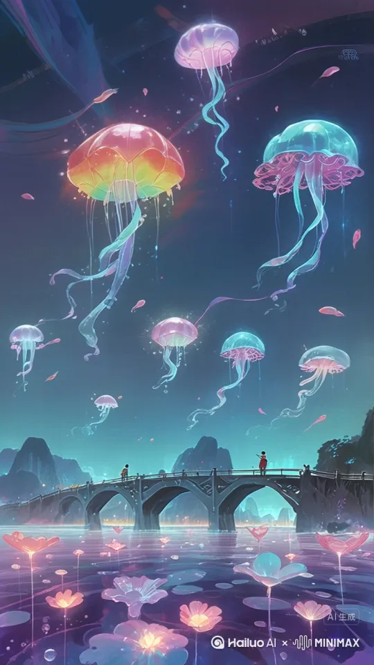 奇幻异星黄昏：巨大透明的彩虹像凝固的桥梁横跨天际，尽头消失在流淌着液态星光的紫罗兰色海洋中。发着幽蓝光芒的巨型水晶森林拔地而起，树冠是悬浮的、不断变幻几何形状的发光水母群。远处，漂浮的倒悬山脉覆盖着会呼吸的粉紫色苔藓，山顶瀑布泻下的不是水，而是闪烁的星尘雪，落地化作游动的光斑。天空是旋涡状的橙红与靛蓝交织，几轮大小不一的月亮（一枚冰蓝，一枚祖母绿）低垂，投下奇异的光影。半空中漂浮着发光的岛屿，上面生长着发光的铃兰状花朵，随风洒落萤火虫般的花粉。近处，一条由液态琥珀和碎钻构成的河流静静流淌，河底沉淀着沉睡的发光符文。空气中弥漫着甜腻的花香和臭氧的气息，极光如活的绸缎在头顶无声舞动。超现实，梦幻，神秘，浩瀚，极致细节，绚丽色彩，光影魔法，吉卜力混合赛博朋克风格，8k分辨率，大师杰作。 by Hailuo AI Video Generator