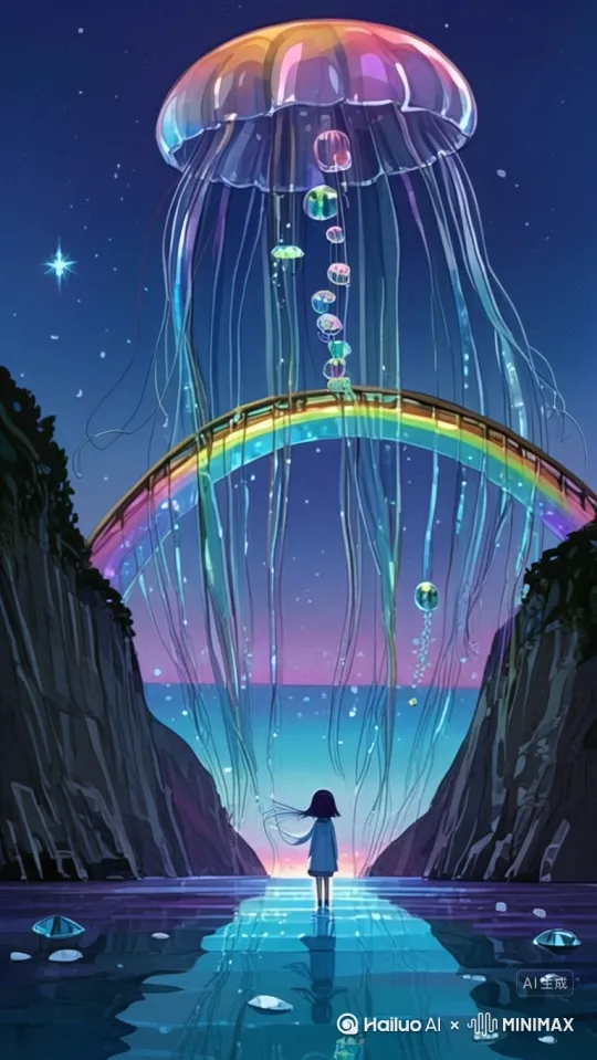 奇幻异星黄昏：巨大透明的彩虹像凝固的桥梁横跨天际，尽头消失在流淌着液态星光的紫罗兰色海洋中。发着幽蓝光芒的巨型水晶森林拔地而起，树冠是悬浮的、不断变幻几何形状的发光水母群。远处，漂浮的倒悬山脉覆盖着会呼吸的粉紫色苔藓，山顶瀑布泻下的不是水，而是闪烁的星尘雪，落地化作游动的光斑。天空是旋涡状的橙红与靛蓝交织，几轮大小不一的月亮 by Hailuo AI Video Generator