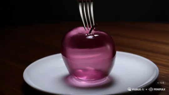 *构图与焦点：** 画面占据绝大部分的是一个**紫粉色玻璃苹果**的特写。它并非完美球形，而是带有略微不规则的、仿佛真实苹果般的曲线，表面光滑如镜，反射着环境光。苹果放置在画面中央偏下位置。
2.  **核心动作：** 一把**古典银质餐叉**的尖端（最靠近叉柄的一两个齿）正**极其缓慢、稳定地**划过苹果的顶部表面（靠近茎的位置）。叉尖与玻璃接触点清晰可见。
3.  **材质与光影 (关键)：**
    *   **玻璃苹果：** 通体呈现梦幻的**紫粉色**，色彩纯净通透，内部无杂质。光线穿透苹果，在其内部形成复杂的光路折射和散射，在深色桌面上投下斑斓的彩色光斑。叉尖划过处，玻璃表面**没有留下划痕**（强调其硬度），但接触点因巨大的压力产生了极其微小的、几乎不可见的**玻璃粉末**（需4K分辨率才能勉强察觉），并在叉尖前方形成一道肉眼可见的、因应力产生的**细微光线扭曲**。苹果**内部结构**清晰可见——同样是玻璃材质，但可能模拟了果核（一个深色玻璃小球）和类似果肉的、带有细微气泡或丝状纹理的玻璃体，叉尖的压力似乎让这些内部结构产生了极其微妙的**挤压形变**视觉暗示。
    *   **银质餐叉：** 叉身打磨得**锃亮如镜**，清晰地反射着苹果的紫粉色和周围深色的环境。叉柄有精细的古典花纹（如藤蔓或几何浮雕）。叉尖因接触玻璃而显得异常“锋利”，在灯光下闪耀着一点寒芒。
    *   **胡桃木桌面：** 占据画面底部和背景，是**深沉、温润的巧克力棕色**。木纹清晰、深邃，油润的表面反射着柔和的高光。它提供了一个完美的、稳重的背景，衬托出苹果和餐叉的精致与戏剧性。
4.  **动态细节：**
    *   **盘子震颤：** 苹果放置在一个**简洁的白瓷盘**（或透明玻璃盘）中。随着叉尖持续缓慢地划过玻璃苹果表面，盘子边缘产生**极其高频、微幅的震颤**。这种震颤通过盘子上映照出的环境光（如灯光或窗影）的**轻微晃动和模糊**来表现，而不是盘子本身的大幅度抖动。这种震颤似乎是从接触点传导下来的。
5.  **光影氛围：** 采用**侧逆光**（伦勃朗光变体）。主要光源（如一盏柔光灯或窗外的自然光）从苹果和餐叉的后上方打来，勾勒出苹果圆润的边缘和叉齿的轮廓，并在银叉和玻璃苹果上制造出**强烈的高光**和**深邃的阴影**。深色胡桃木桌面吸收大部分光线，营造出静谧、略带神秘感的氛围。环境整体偏暗，但主体被精准照亮，细节纤毫毕现。

**音效描述 (ASMR 风格)：**

1.  **核心摩擦音：** 一种**极其清晰、高亢、绵长**的摩擦声。这是**金属叉尖划过坚硬光滑玻璃**产生的本质声音。它拥有**纯净、尖锐的高频**（接近或达到人耳舒适上限的边缘），但同时带有一种**光滑的质感**，没有毛刺感。音量适中偏大，是音景的主导。
2.  **细微震颤声：**
    *   **盘子嗡鸣：** 叠加在核心摩擦音之上的，是一种**非常细微、高频的“嗡嗡”或“嘤嘤”声**，类似音叉被轻轻敲击后的余韵。这声音源于盘子边缘的微颤，音调很高但音量很低，紧贴在高频摩擦声之下，为其增添了一层“神经触动感”。
    *   **内部共振：** 隐约可闻的、更低沉的**内部“嗡鸣”**，仿佛玻璃苹果内部的结构（模拟的果核、果肉纹理）在压力下产生了共鸣。这声音非常微弱，时有时无，需要仔细分辨。
3.  **质感细节：**
    *   **接触点颗粒感：** 在核心的高频摩擦声中，可以极其细微地捕捉到**极其细碎、短暂、密集的“沙沙”或“噼啪”声**，模拟叉尖挤压、刮擦玻璃分子或微小粉末产生的微观效应。这声音增强了真实感和“切割”的质感。
    *   **环境衬托：** 背景是**绝对的死寂**（或模拟非常微弱的、几乎听不见的房间底噪）。这凸显了摩擦和震颤声的每一个细节，是ASMR的关键——在极静中聆听细微声响。 by Hailuo AI Video Generator