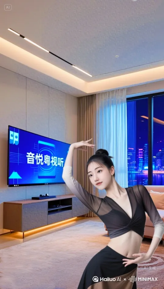 穿着舞蹈服，一边往后倒退一边做舞蹈姿势展示，电视屏幕画面同步变成相关的舞蹈画面，超高清。 by Hailuo AI Video Generator
