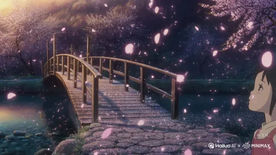 暮春的黄昏,一场盛大的樱花雨不期而至。粉白的花瓣不再是零星的飘落,而是如一场温柔的暴雪,稠密地、无声地倾泻而下,淹没了青石小径与古老的木桥。夕阳熔金,为每一片飞旋的樱瓣镀上流动的、半透明的光晕,仿佛亿万枚微小的琉璃灯盏在空气中缓缓沉浮。桥下溪水清澈见底,倒映着这漫天飞花与瑰丽的天空,水面铺满了柔软的花瓣,像一条缓缓流动的、粉色的丝绸。微风拂过,几片花瓣粘在岸边少女微仰的脸颊和乌黑的发梢上,她睫毛轻颤,伸出手,试图接住那永不停歇的、带着淡淡香气的光之雪。时间仿佛凝滞,唯有花瓣坠落水面的细微涟漪,在金色的水面上无声晕开,整个世界笼罩在一片盛大、寂静、近乎虚幻的柔光里。 by Hailuo AI Video Generator