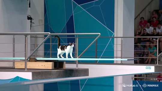在奥运会跳水赛场。一只奶牛猫,从高达 10米、造型精致且稳固的跳水板一端缓缓走来。接着小猫突然发力,纵身一跃,在空中瞬间开启了它令人惊叹的体操式跳水表演。它先是优雅地起跳,紧接着身体开始快速翻转。在翻转的同时,它还巧妙地融入了各种旋转动作,时而侧身旋转,时而垂直旋转。随着下落速度的加快,奶牛猫巧妙地调整着自己的姿态,为入水做好最后的准备。最终,它以一个近乎完美的姿势,笔直地扎入清澈见底的游泳池中溅起水花,随后消失在水面之下,只留下一圈圈逐渐扩散的涟漪。 by Hailuo AI Video Generator
