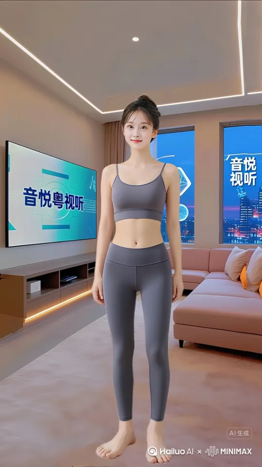 各式一字马动作演练，动作生动流畅，画面逼真唯美，电视屏幕同步显示相关内容 by Hailuo AI Video Generator
