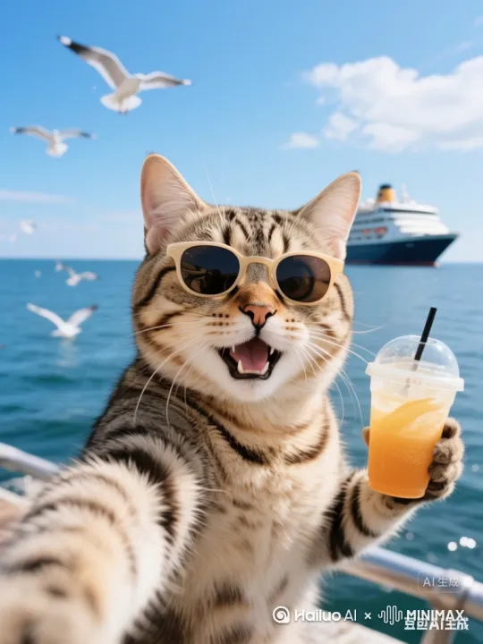 猫咪在镜头里是自拍视角，带着墨镜，手里拿着果汁，身后是蔚蓝的大海和轮船，以及很多只盘旋在空中飞翔的海鸥，背景音里能听到海浪、轮船以及海鸥飞翔的叫声，猫咪拿着果汁十分惬意的看着镜头，慢悠悠的喝了一口果汁，幸福的发出一声快乐的猫叫。 by Hailuo AI Video Generator