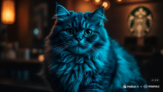 蓝色蓝色的猫站起来大喊，我要喝咖啡 by Hailuo AI Video Generator