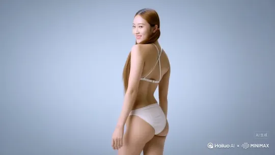 生成一个肌肤白净，长相秀气，五官立体，笑容甜美，长发，长发双马尾，身穿比基尼泳衣，转身，扭腰的全身竖屏，中国美女真人视频 by Hailuo AI Video Generator
