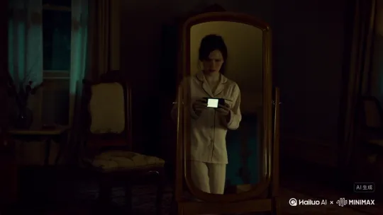 我买下市中心的老宅时，所有人都说我疯了。
邻居们眼神躲闪，说前任屋主失踪前总对着空房间自言自语。
搬进去第一夜，我发现梳妆镜里的倒影总慢半拍。
镜中的“我”会在眨眼时变换表情，或突然出现在身后。
我颤抖着用手机拍下镜子，照片里一切正常。
松了口气抬头，镜面却映出我背后趴着苍白人形。
它咧开嘴，对着镜头外的我无声大笑。[左移,上升] by Hailuo AI Video Generator