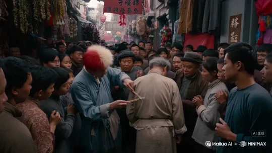 熙熙攘攘的市集一隅，上演着一幕令人瞠目的奇景。少羽，一位红白发丝交织如晨曦与暮霭共舞的年轻男子，竟以一种近乎戏谑的姿态，轻巧地将筷子探向一位老爷爷的裤后，而筷尖所携，竟是凝固时光的灰色水泥。这一幕，本应是滑稽与荒诞的交织，却奇迹般地触动了旁观者的心弦。

人群非但未散，反而围拢得更紧，掌声雷动，仿佛见证了一场前所未有的行为艺术。那掌声中，既有不解的窃笑，也有对勇气与创意的无声致敬。老爷爷回首，眼神里闪过一丝错愕，随即嘴角勾勒出一抹宽容的笑意，仿佛理解了这场无厘头背后的纯真与不羁。

少羽，这位以奇装异服挑战常规的青年，用行动诠释了何为生活的色彩斑斓，即便是在最不起眼的瞬间，也能绽放出令人难忘的光芒。而那一刻，市集的风，似乎也染上了几分不羁与自由的味道。 by Hailuo AI Video Generator
