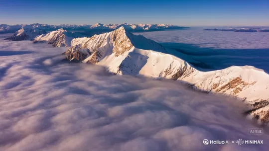 航拍镜头穿越云海，俯瞰连绵的雪山群峰，晨光初现时金色阳光逐渐染红雪山顶端，云雾在山谷间流动。镜头先缓慢上升至高空，再向右环绕展示全景，最后推进聚焦主峰。冷蓝色调与暖金色晨光交融，电影级广角镜头，4K分辨率，动态模糊增强#motion_intensity=0.8 晨光补亮，雪面反射高光 by Hailuo AI Video Generator