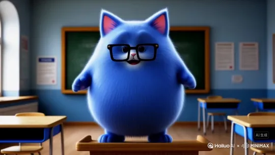 一只猫钻蓝色胖猫全身钻蓝色短毛耳朵内侧粉嫩粉紫佩戴黑边方形眼镜四肢短短撑的身体站在教室讲台生动姿态3d卡通渲染 by Hailuo AI Video Generator