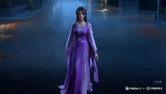 ·景别:近景
。镜头运用:推镜头
·画面内容:镜头拉近 秋季雨夜，女主（服饰参照完美世界，国风，紫色长裙）在雨中漫步，缓缓走来，时间: 6秒
·音效:低频的悬疑音效。 by Hailuo AI Video Generator