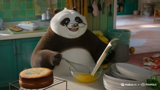 厨房内，肥胖小熊猫忙得不亦乐呼，戴着一副眼镜，仔细地看着食谱，用一个打蛋器正在搅拌蛋液。糕散发出诱人的香气，旁边的有待洗的碗碟。肥胖熊猫已经装满了废弃的食材包装，整个厨房，背景虚化干净。 by Hailuo AI Video Generator