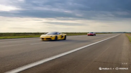 生成一个视频，一辆法拉利拉法以300km/h的速度行驶在公路，突然撞上一辆疾驰的兰博基尼，两辆车全部起火 by Hailuo AI Video Generator