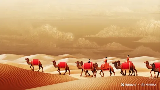 Dunhuang art style ilustration 敦煌艺术风格的插画2)a camel caravan crossing the desert 驼队穿越大漠③ continuous rolling ripples 连绵起伏的涟漪
4 extremely delicate brushstrokes 极其细腻的笔触
⑤ China red 中国红
6 background covered with auspicious cloud patternspainted on gold foil 背景是用金箔绘制的祥云图案
参数设定
--niji 6 --ar 3:4
[左移,右摇,跟随] by Hailuo AI Video Generator