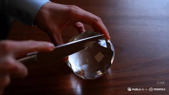 帮我生成一个人切开了一个水晶苹果 by Hailuo AI Video Generator