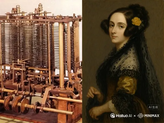 5- 7秒画面：
埃达（右图）为这台分析机（蒸汽驱动机器）在稿纸上写下算法程弍
提示：主体是埃达在写
分析机设计图的视觉素材,用《蒸汽男孩》的动画机械元素重构
埃达写的伯努利数手稿  用动态代码雨+维多利亚花纹边框 by Hailuo AI Video Generator