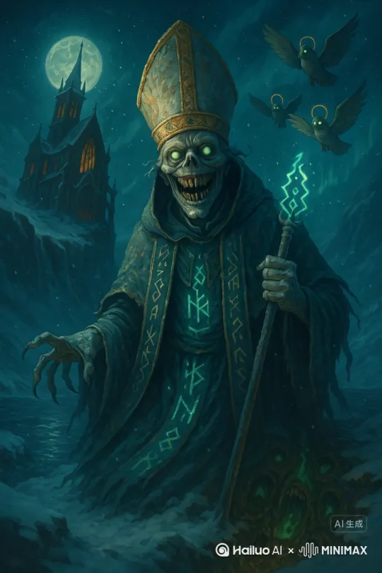 A surreal horror animation. In the frozen fjords of a dark Nordic land under a full moon, a twisted gothic cathedral leans over a snowy cliff. Wind howls. The sky is filled with falling snow and blue aurora.

The cathedral doors creak open. A monstrous pope figure slowly steps out — he has three glowing eyes, a melted golden crown, a stretched mouth, and icy white skin. His long robe is covered in glowing Nordic runes and made of frost.

He raises a glowing staff, muttering absurd phrases in a pseudo-Italian accent: “Benedictum… Ballerina… Cappuccina…” His voice is deep and echoing.

Suddenly, three pigeons with golden halos and mechanical wings rise into the sky. Their eyes glow. They chant in sync: “TUNG TUNG TUNG CAPPUCCINA” repeatedly.

The ground cracks open. Under the ice are dozens of chanting mouths, repeating the word “Trøllgard… Trøllgard…” while green fire pulses.

In the final moment, the pope smiles eerily. His eyes turn into burning emerald flames. Text flashes in big distorted letters:

“PONTIFEX TRØLLGARD BLESSES YOUR FJORDS”
Available nowhere. Worship nowhere. All hail the noise. by Hailuo AI Video Generator
