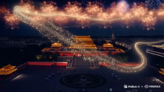 全球规模最大的无人机表演将在明朝的皇宫周边举行。无数架无人机将以龙的形态运动盘旋在天安门上空。您可以欣赏周边地区的烟火表演以及明朝皇宫广场璀璨的灯光。 by Hailuo AI Video Generator