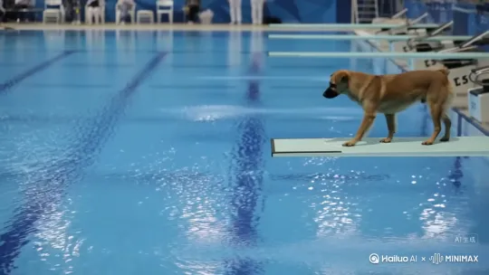 A little dog on an Olympic diving board, waking purposefuly, then leaping into the water. in the air, the dog performs elegant somersaults and twists, resembling synchronized swimming routine. Capture the agility and grace of its aerial maneuvers. by Hailuo AI Video Generator