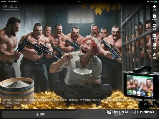 中间那个人吃水泥，旁边一群人拿枪指着他来，像中间那个人逼迫中间那个南边捡起地上的黄金树叶编制水泥边拿几桶？你的那个水泥丝中间那个人哈哈大笑， by Hailuo AI Video Generator