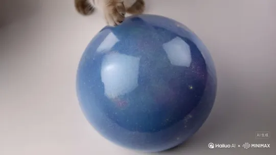 小猫缓慢地踩天蓝色球状水晶泥，水晶泥上面有星空的图像，加上声音 by Hailuo AI Video Generator