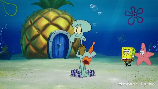 [左移,上升]In the underwater world, outside SpongeBob's pineapple house, Squidward blasted the melody of "Hundred Birds Paying Homage to the Phoenix" on his suona, attacking SpongeBob and Patrick Star. After being hit, SpongeBob and Patrick transformed into yellow and pink musical notes, circling around Squidward in the air[左移] by Hailuo AI Video Generator