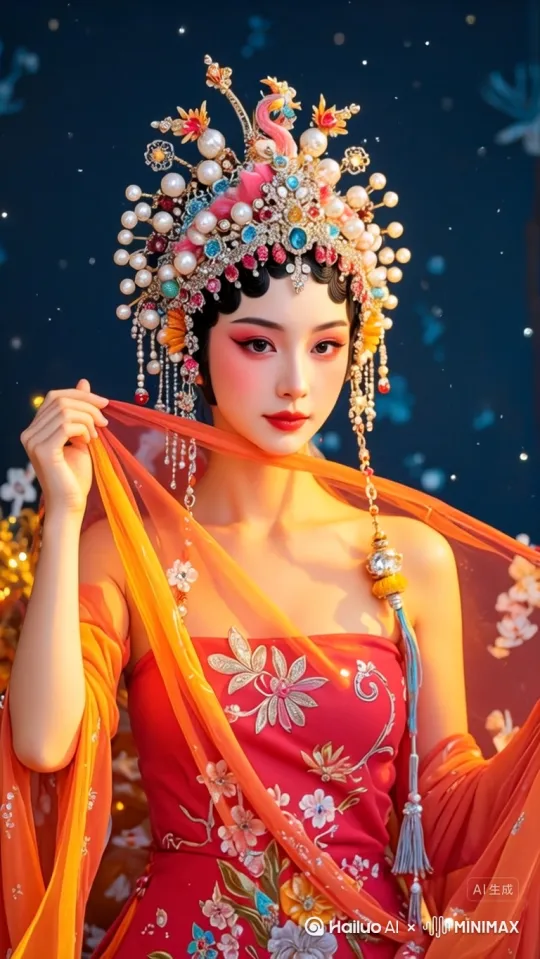 镜头平移，展现带有花卉图案的服饰，人物微微转动身体，展示妆容细节，整体动作自然流畅 by Hailuo AI Video Generator