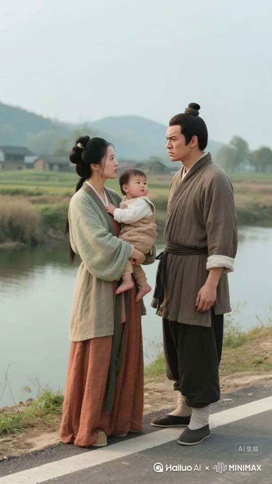 画面主体：身着汉代服饰的年轻女性，表情决绝且冷厉，将怀中啼哭的幼儿快速推向右侧满脸怒容、眉头紧锁的男性。男性双手僵硬接过孩子，脖颈青筋暴起，嘴角下拉呈明显愤怒神态。
场景环境：河边场景，有道路，整体为汉代风格。
动作细节：女性将孩子快速交给右边男性后，扭头跳入河中，在水面上跑步（呈现“轻功水上漂”效果），水面荡起波纹，动作连贯自然。然后画面转到跳上屋顶，在房子上面飞檐走壁！
特效氛围：突出轻功效果，水面波纹真实，整体画面符合汉代背景下的轻功演绎。
镜头运镜：（加强优先展现女性递孩子）、跳河、水上跑步和飞檐走壁等动作，镜头切换流畅，突出“轻功水上漂”“飞檐走壁”的核心画面。 by Hailuo AI Video Generator