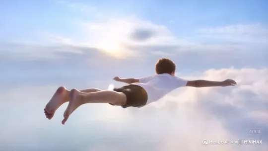 Fast overhead tracking camera movement, drone view, a surreal high speed dream sequence of a
young boy in a white t-shirt flying forward in a prone position, gliding easily between light clouds, body fully extended, arms out to the sides, legs slightly apart, head forward, capturing the feeling of smooth horizontal flight. Clothes sway in the wind as the camera tracks closely from a slightly elevated
overhead perspective moving from left rear to right rear, maintaining a constant view of the prone position as the character quickly traverses the scene. The environment is dynamic and rapidly changing, with light clouds below and water, white clouds constantly sweeping back, a low sun in the distance, with motion blur and light trails enhancing the sense of speed and fluidity. Fast moving. --ar51:91 --motion high --video 1
翻译 by Hailuo AI Video Generator