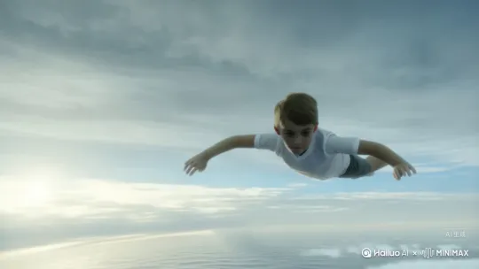 Fast overhead tracking camera movement, drone view, a surreal high speed dream sequence of a
young boy in a white t-shirt flying forward in a prone position, gliding easily between light clouds, body fully extended, arms out to the sides, legs slightly apart, head forward, capturing the feeling of smooth horizontal flight. Clothes sway in the wind as the camera tracks closely from a slightly elevated
overhead perspective moving from left rear to right rear, maintaining a constant view of the prone position as the character quickly traverses the scene. The environment is dynamic and rapidly
changing, with light clouds below and water, white clouds constantly sweeping back, a low sun in the distance, with motion blur and light trails enhancing the sense of speed and fluidity. Fast moving. --ar51:91 --motion high --video 1 by Hailuo AI Video Generator
