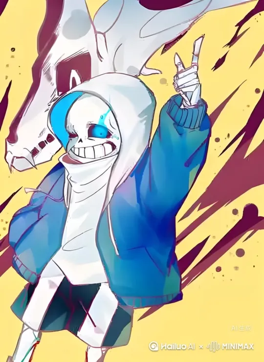 一个风格类似 Undertale 中 Sans 的卡通骷髅，站着准备进入战斗状态；
他没有夸张笑容，脸型稍长，黑色大眼窝中透露出专注与冷静；
他穿着蓝色羽绒外套、白色连帽卫衣、黑色短裤和白鞋；
他缓慢抬起一只手，手掌打开，掌心泛起淡蓝色能量，准备释放魔法攻击；
动作连贯自然，带有预备起手势，另一只手还插在口袋中；
眼窝中短暂闪过一丝蓝光，外套与帽子随动作轻轻晃动；
整体为2D卡通风格，线条清晰流畅，色彩鲜明，骨骼形态保持流畅自然；
角色比例正常，动作有力但不僵硬；
背景为空白或淡灰，适合突出角色；
，高帧率，画面稳定，适合用于战斗特写镜头。 by Hailuo AI Video Generator