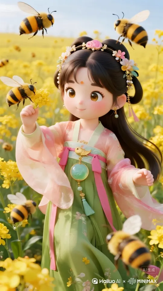 - 动作:小蜜蜂们在花丛中快速飞舞,忙碌地采蜜。小女孩轻轻蹲下身子,靠近一朵油菜花,看着上面的小蜜蜂,眼睛睁得大大的,脸上带着纯真的笑容,还不时用手指轻轻点一下油菜花
运镜:镜头从油菜花田上方俯拍,展示整个花田和忙碌的蜜蜂,然后镜头拉近,聚焦在一只小蜜蜂采蜜的动作上,接着镜头跟随小女孩的脚步移动,拍摄她观察蜜蜂的表情,最后镜头拉远,展示小女孩在花丛中与蜜蜂互动的画面。 by Hailuo AI Video Generator