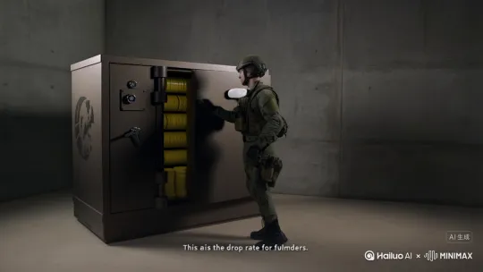 一个特种兵打开保险箱，里面装着超级多的黄色光碟，然后特种兵说这是关注的爆率 by Hailuo AI Video Generator
