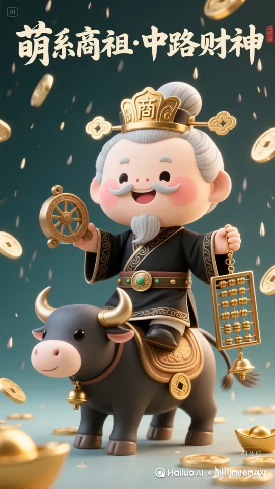 王亥，夏朝商国第七任首领，商丘人。他开创华夏长途贸易先河，发明牛车运输货物，推动跨部落交易，使商族强大。因商族人频繁从事贸易，外部落称其为“商人”，其交换物为“商品”，职业称“商业”——这些词汇皆源于王亥的贡献。后世尊其为“华商始祖”及“中路财神”，象征商业开拓与财富创造。 by Hailuo AI Video Generator