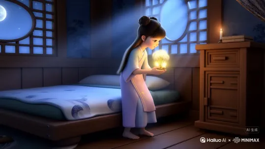 统一贯穿中国古代小女孩角色（约10岁，双髻襦裙，手持蒲公英灯）：

1. 【床前明月光】
提示词：3d cartoon style, Chinese ancient style bedroom, A delicate 10-year-old girl in pastel hanfu sits on a wooden bed with moon-patterned quilt, holding a glowing dandelion lantern, Silver moonlight streams through lattice window onto her bare feet, Warm yellow candlelight contrasts with cool moonbeams, Soft watercolor texture, Dreamy atmosphere with floating dust particles, 4k detailed render --ar 9:16使用蒲公英灯的光点作为场景过渡元素 by Hailuo AI Video Generator