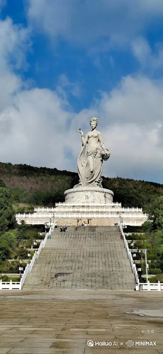 神女跳下来，有中国元素，欢快的跳舞，[下降,上摇]再飞走。 by Hailuo AI Video Generator