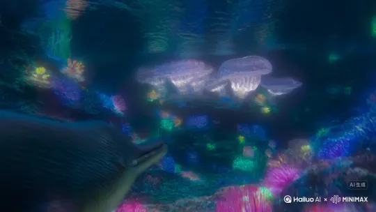 场景：仿生海豚在霓虹珊瑚礁间穿梭，从发光水母搭建的跳台跃入液态金属池，激起的涟漪呈现城市全息投影
运镜：水下低角度仰拍开场→海豚起跳时用高速摄影记录鳞片反光→金属涟漪展开时镜头推进分解为建筑细节→结尾无人机视角展现整个水下城市轮廓 by Hailuo AI Video Generator