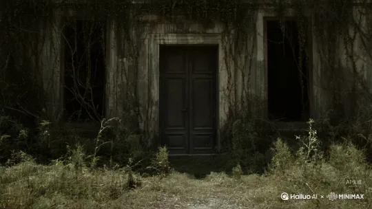 镜头 1：画室入口
时长：0:00-0:02
景别：全景
画面：一座古老阴森的画室，大门紧闭，周围杂草丛生，墙壁上爬满了藤蔓。
台词：无
音乐/音效：阴森的风声 by Hailuo AI Video Generator