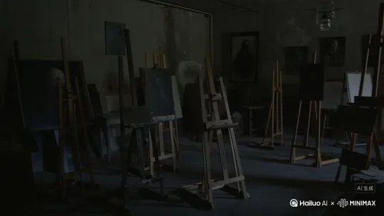 室内昏暗,摆放着各种陈旧的画架和未完成的画作,墙壁上挂着一些诡异的肖像画。
镜头 4:室内全景
时长:0:06-0:08
景别:全景
画面:室内昏暗,摆放着各种陈旧的画架和未完成的画作,墙壁上挂着一些诡异的肖像画。
台词:无
音乐/音效:阴森的背景音乐持续 by Hailuo AI Video Generator