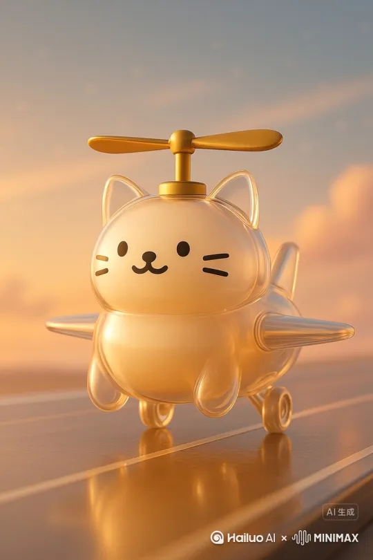 A high-quality cinematic animation of a cute glass airplane shaped like a lucky cat, with a golden propeller spinning on top of its head. The airplane is standing on a glossy runway at sunset, surrounded by warm ambient light. The cat-plane slowly starts to move forward, its little wheels rolling on the reflective surface. The propeller spins faster, then the plane lifts off smoothly into the sky. As it ascends, soft clouds and pastel sunlight fill the background. The lighting is dreamy, ASMR-like, with smooth camera motion and ultra-realistic glass reflections. 4K resolution, shallow depth of field, relaxing mood. by Hailuo AI Video Generator