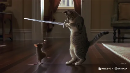 猫和老鼠过招，猫耍大刀，老鼠用剑，相互攻击，动作流利，真实 by Hailuo AI Video Generator