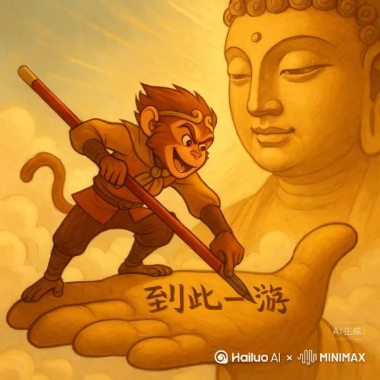 【镜头一】——掌心起跃
画面：如来佛祖缓缓摊开手掌，掌心如大地般辽阔，祥云翻腾。

动作：镜头低角度推近孙悟空，定格在他自信桀骜的笑容上。

音效：风啸声起，筋斗云呼啸盘旋，气势磅礴。

孙悟空：“嘿，这点地方，想困俺老孙？”

【镜头二】——跟头十万八千里
画面：镜头追踪筋斗云疾速前进，天空被撕开一道金色轨迹。

视觉效果：时间变慢，背景不断变化：星辰、雷霆、佛塔、空山……皆从云后掠过，展现“十万八千里”的广袤。

音乐：交响乐高昂，混合战鼓与古琴，制造史诗氛围。

【镜头三】——停驻指尖
画面：孙悟空从筋斗云上凌空翻转，稳稳落在如来佛祖的中指指甲上，满脸得意。

动作：他拔出金箍棒，用尾端在指头上刻字。

特写：金箍棒划过，火星四溅，刻下四个字——“到此一游”。

音乐：音乐戛然而止，回荡着金属划石的尖锐声。

【镜头四】——如来轻笑
画面：广角镜头拉远，显示孙悟空仍在佛祖手掌中。

动作：如来佛祖微微一笑，眼含慈悲：“你走得出去吗？”

镜头：孙悟空脸上笑容凝固，低头看见仍是掌纹。 by Hailuo AI Video Generator