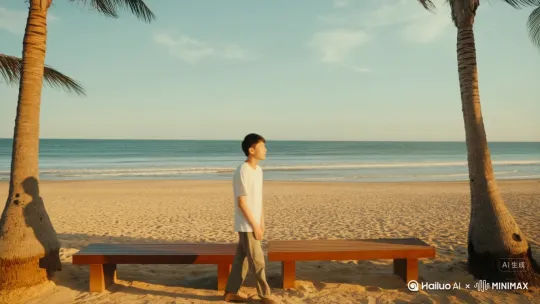 场景：视频场景设定在一个宁静的海边。天空呈现出淡蓝色，飘着几缕薄如蝉翼的白云。金色的沙滩延伸向远方，海浪轻轻拍打着岸边，溅起细碎的白色浪花。沙滩上摆放着两把木质长椅，旁边有几株随风摇曳的椰树。
 
人物：画面中有一位年轻人，穿着简约的休闲装，双手环抱在胸前，静静地站在长椅旁，面向大海。他表情平静，但眼神中透露出一丝复杂的情绪，有释怀，也有淡淡的不舍。
 
动作：年轻人微微仰头，深吸一口带着海腥味的空气，然后缓缓转身，轻轻坐在长椅上。他凝视着大海，嘴唇微动，轻声说出 “我也要开始新的生活了，我会好好的，希望你也一样，人生漫长，我们应该，不会再见面了……” 说罢，他低头沉思片刻，又抬起头，目光坚定地望向远方，继续说道 “允许自己做自己 允许别人做别人 身在当下便活在当下 勿在别人心中修行自己 勿在自己心中强求别人。” 海风轻轻吹动他的头发和衣角，他就这样安静地坐着，仿佛在与过去告别。
 
音乐建议：选用陈鸿宇的《行歌》，歌曲旋律悠扬且略带沧桑，歌词充满着对人生的感悟与前行的力量，能够很好地契合这种既伤感又充满希望，准备开启新生活的情绪。
 
特效建议：添加柔和的阳光特效，让金色的光线洒在沙滩、人物身上，营造出温暖且明亮的氛围，象征着新生活的开始。在海浪拍岸处，增强浪花的晶莹剔透效果，让画面更具生机。整体画面色调可调整为偏暖黄色调，传递出积极、释怀的情感基调。 by Hailuo AI Video Generator