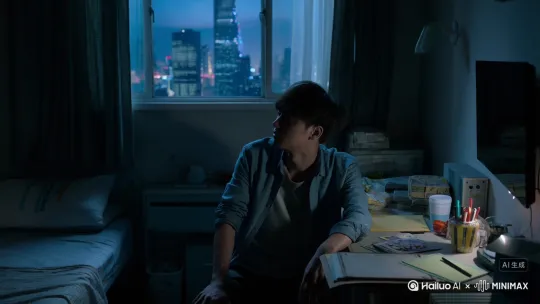 场景：视频开场，是一个略显逼仄昏暗的出租屋。狭小的房间里堆满了杂物，一张简易的单人床靠墙摆放，床边是一张破旧的书桌，桌上杂乱地放着文件、快餐盒和几支笔。透过窗户，可以看到外面林立的高楼大厦，但屋内却显得格外压抑。窗外天色渐暗，城市的霓虹灯开始闪烁，与屋内的昏暗形成鲜明对比。
 
人物：画面聚焦在一位年轻人身上，他穿着一件有些褪色的衬衫，领口微微敞开，头发略显凌乱。他坐在书桌前的椅子上，身体微微前倾，双肘撑在膝盖上，双手托着脸，眼神中满是疲惫与迷茫。
 
动作：年轻人先是呆呆地望着窗外，眼神空洞，仿佛思绪飘向了远方。过了一会儿，他无奈地叹了口气，低下头，用手揉了揉太阳穴，像是在试图驱散心中的烦闷。他缓缓起身，在狭小的房间里踱步，时而停下，看着堆满杂物的角落，眼中流露出一丝不甘与无奈。嘴里喃喃自语着 “进退两难的年纪，百般滋味皆是生活，不想物质，可生活需要，好像什么都来得及，又好像什么都无能为力，人生似乎还有希望，一切却又遥不可及” 。最后，他再次回到窗前，静静地看着外面繁华却又陌生的城市，陷入沉思。
 
音乐建议：推荐使用毛不易的《像我这样的人》，歌曲旋律舒缓且略带忧伤，歌词真实地描绘出普通人在生活中的无奈与迷茫，能够深刻地烘托出年轻人此时复杂的心境。
 
特效建议：整体画面采用偏冷的色调，如蓝灰色调，营造出压抑的氛围。在窗外霓虹灯闪烁的地方，可以适当增强光影效果，让其看起来更加绚烂，与屋内昏暗形成更强烈的反差，突出年轻人内心的孤独与对美好生活的渴望。可以给人物的面部特写添加一些微弱的光影变化，如窗外光线偶尔照在脸上，展现出他内心的挣扎。[变焦拉远] by Hailuo AI Video Generator