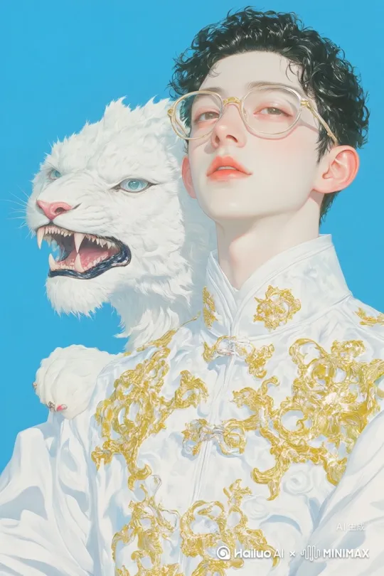 男生看向镜头，后方的老虎发出咆哮，高清，精致 by Hailuo AI Video Generator