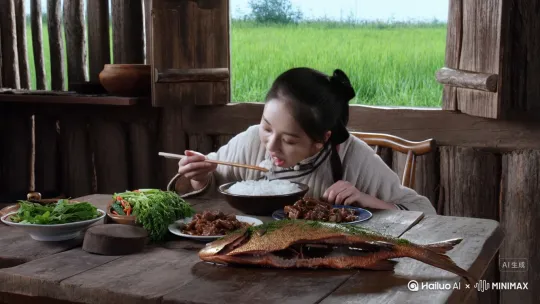 穿越到了古代一个村子里种田养家，吃完的粮食，有鱼有肉，赚钱养家的幸福生活 by Hailuo AI Video Generator