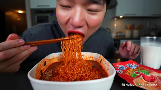 帮我生成一个视频：豆包撕开火鸡面包装时，鲜艳的红色包装上那只喷火的卡通火鸡仿佛在发出警告。面饼特有的麦香味混合着微甜的辛辣气息扑面而来，让原本就饥饿的胃部更急切地蠕动起来。他按照包装说明将面饼放入碗中，倒入刚烧开的沸水，看着卷曲的面条在蒸汽中渐渐舒展‌12。

‌第一口冲击‌
三分钟后，豆包迫不及待地倒掉多余的水分，将深红色的辣酱包全部挤入碗中。搅拌时黏稠的酱汁裹满每根面条，空气中弥漫着甜辣交织的独特香气。当他鼓起勇气将第一筷子面条送入口中，初始的甜味像甜蜜陷阱，3秒后辣味如同点燃的引线突然炸开——从舌尖迅速蔓延到整个口腔，TRPV1受体被激活产生的灼烧感让他瞬间瞪大眼睛‌34。

‌生理反应‌
豆包的额头很快渗出细密汗珠，鼻尖也变得通红。他不断用手扇风，嘴唇微微肿胀像涂了劣质口红。辣味带来的痛觉刺激让内啡肽开始分泌，产生"痛并快乐着"的奇妙感受。尽管眼泪在眼眶打转，他还是忍不住又夹起第二口，因为火鸡面的辣是"会让人上瘾的辣"——甜辣交织的复合味道和筋道面条形成独特魅力‌67。

‌解辣妙招‌
被辣到灵魂出窍的豆包终于想起提前准备的冰镇牛奶，乳脂包裹辣椒素的效果立竿见影。他后来又尝试了蘸酸奶、配西瓜等民间偏方，发现酸味确实比喝水更能缓解辣感（因为辣椒素是脂溶性物质）‌49。但最神奇的是，当辣劲过去后，口腔竟会泛起隐约的回甘，这种反差正是火鸡面让人欲罢不能的秘诀‌310。

‌终极体验‌
吃完最后一口时，豆包的T恤已经微微汗湿，嘴唇像被蜜蜂蛰过般红肿。他看着空碗既有征服的快感又带着些许后怕——胃部开始隐隐发热，提醒着这场味蕾冒险的代价。但当他发现碗底还粘着几粒香脆的海苔芝麻时，又忍不住用筷子刮起来送入口中，完成了这场"自虐式"的美食仪式‌（5分钟）。比例 1:1。 by Hailuo AI Video Generator