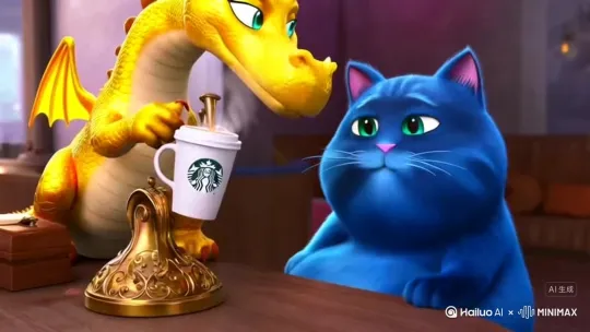 这只蓝色的猫，向这只金色的龙扔了一个麦当劳，然后自己吃着鸡肉卷，流了许多牛奶，生成一个25秒片段 by Hailuo AI Video Generator
